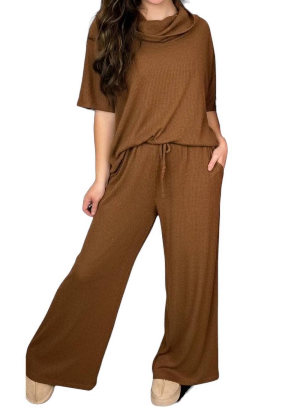 NEW DEAR SCARLETT soft moments high-rise ribbed wide leg set in brown